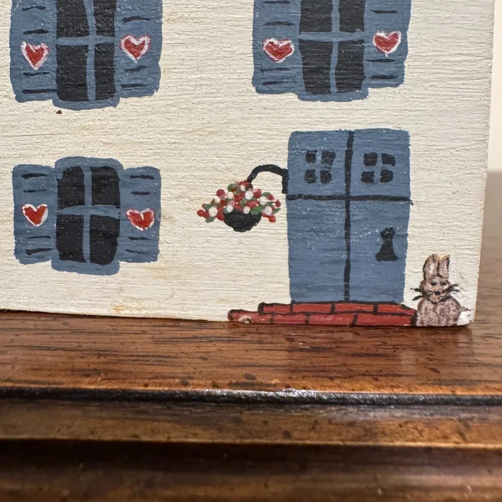 Vintage Hand Painted Wooden House w/Heart Shutters & Hanging Plant 1987